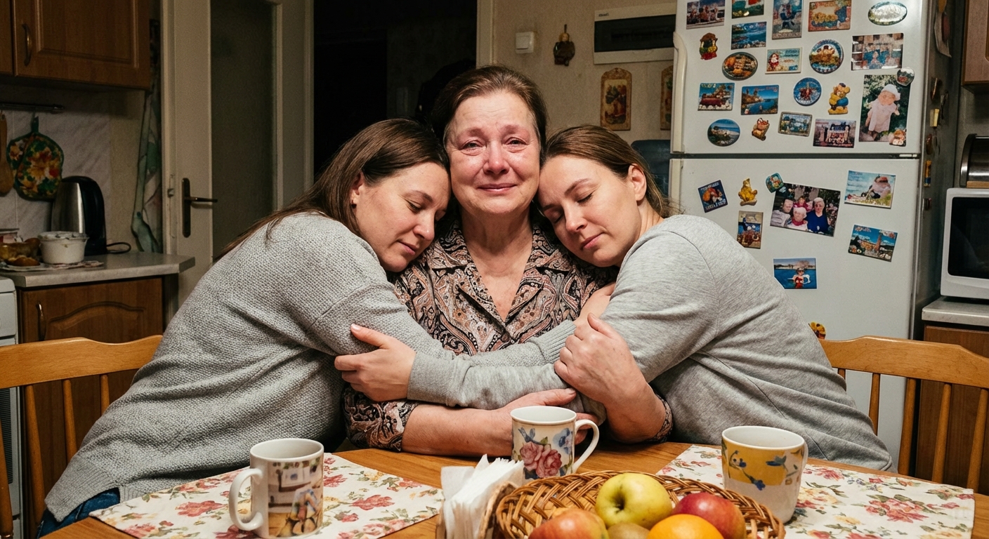 Grandma crying while grandkids hug her